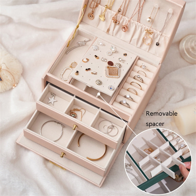 Three Layers Jewelry Box PU Leather Necklace Earring Rings Storage Case with Lock, 17x14x13cm