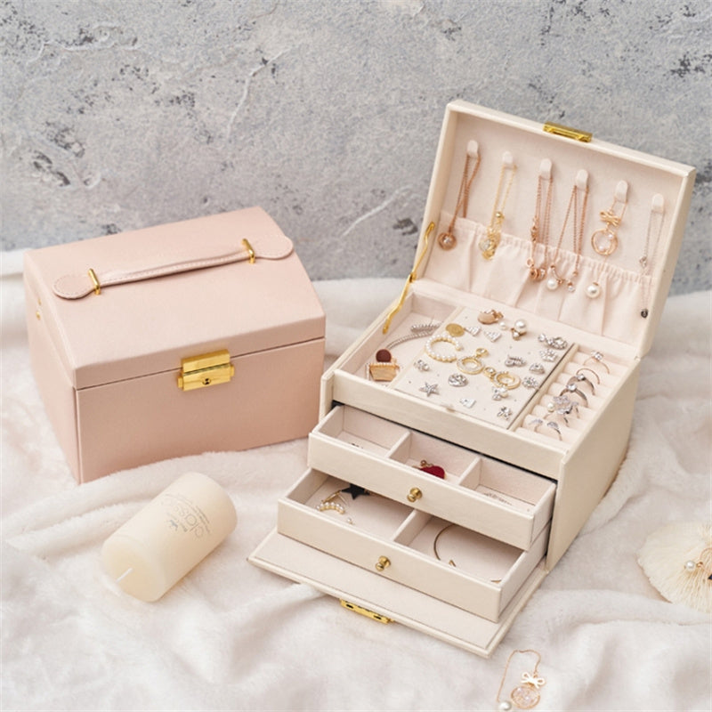 Three Layers Jewelry Box PU Leather Necklace Earring Rings Storage Case with Lock, 17x14x13cm