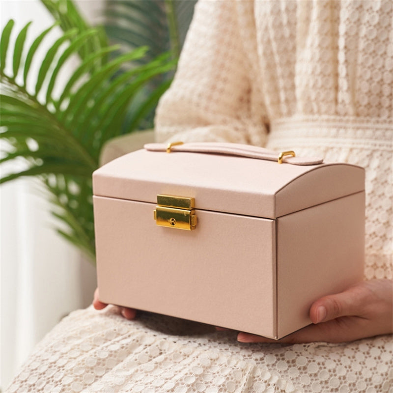 Three Layers Jewelry Box PU Leather Necklace Earring Rings Storage Case with Lock, 17x14x13cm