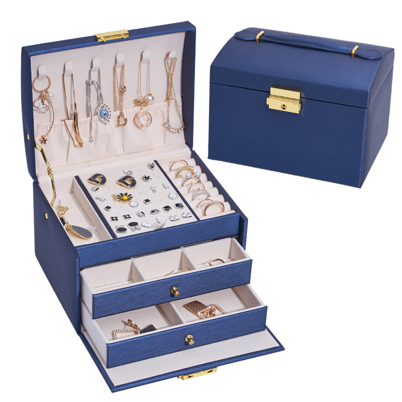 Three Layers Jewelry Box PU Leather Necklace Earring Rings Storage Case with Lock, 17x14x13cm