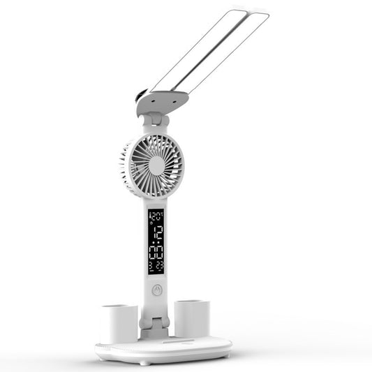 Built-in 2000mAh Battery Table LED Light Rechargeable Clock Function Pen Holder Reading Lamp Fan (with USB Cable)