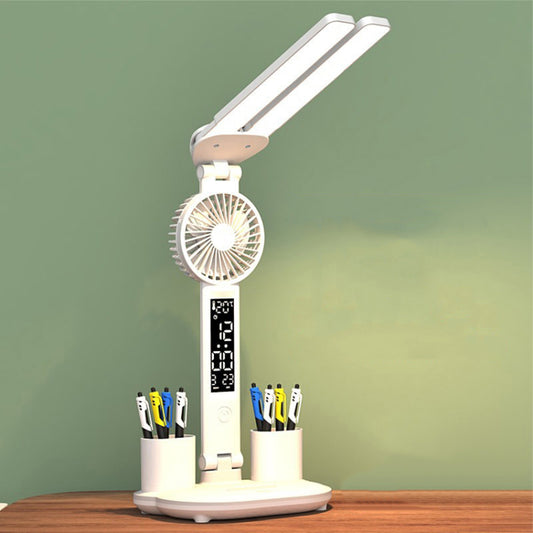 Built-in 2000mAh Battery Table LED Light Rechargeable Clock Function Pen Holder Reading Lamp Fan (with USB Cable)