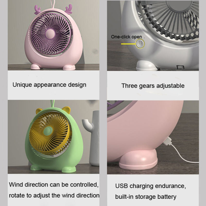 USB Rechargeable Portable Fan Cute Deer Ear Design 3 Wine Speed Adjustable Summer Cooling Fan, Size L