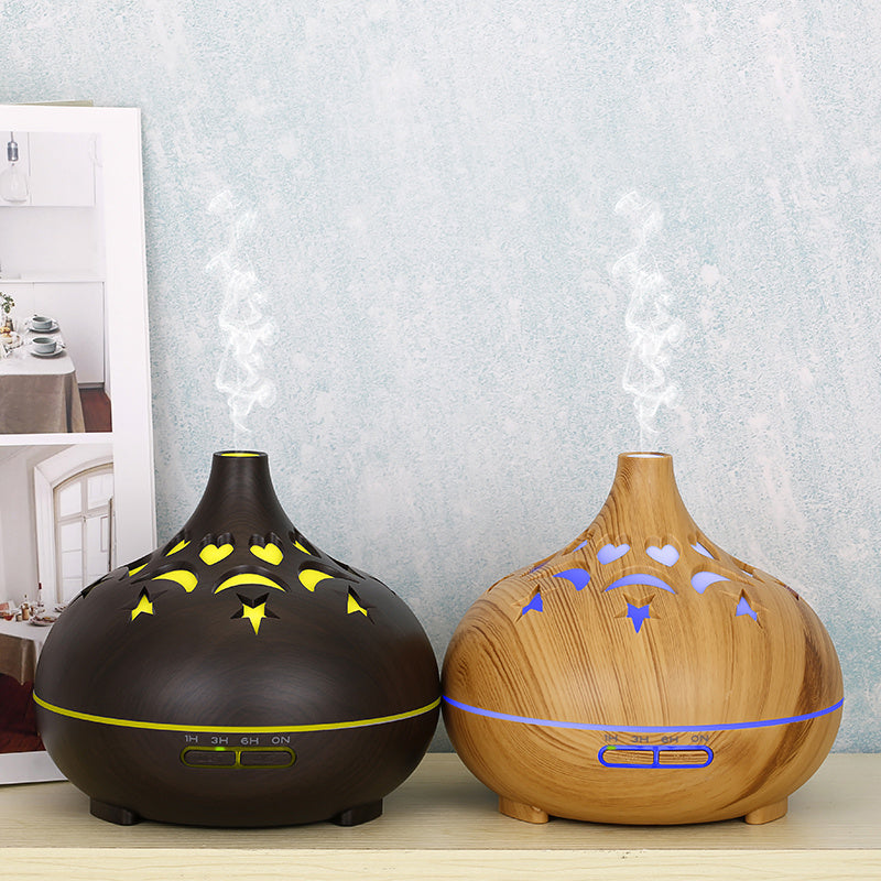 500ml Wood Grain Hollow Mist Humidifier Remote Control Essential Oil Diffuser for Home Office (No CE Certificate)