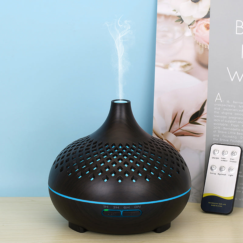500ml Hollow Humidifier Wood Grain Colorful Light Essential Oil Diffuser with Remote Control (No CE Certificate)