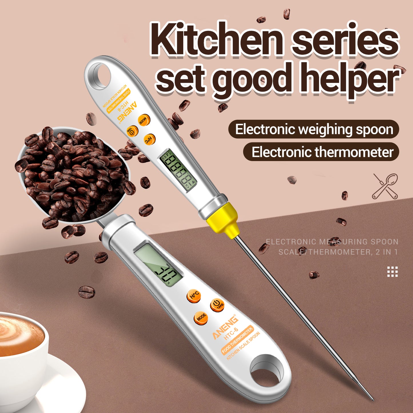 ANENG 2-in-1 ABS+Stainless Steel Digital Display Electronic Kitchen Thermometer Food Weight Measuring Spoon