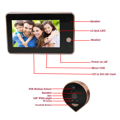 SY-38 4.3 Inch Smart WiFi Door Peephole Viewer 1080P Digital Peephole Doorbell Camera with Two-Way Audio, PIR Human Detection