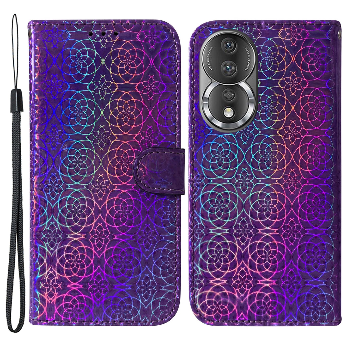Leather Phone Case For Honor 80 5G , Wallet Stand Dazzling Flower Pattern Anti-scratch Phone Cover with Strap