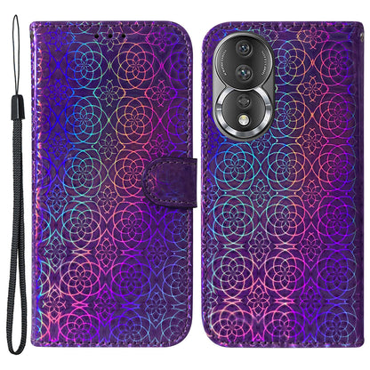 Leather Phone Case For Honor 80 5G , Wallet Stand Dazzling Flower Pattern Anti-scratch Phone Cover with Strap