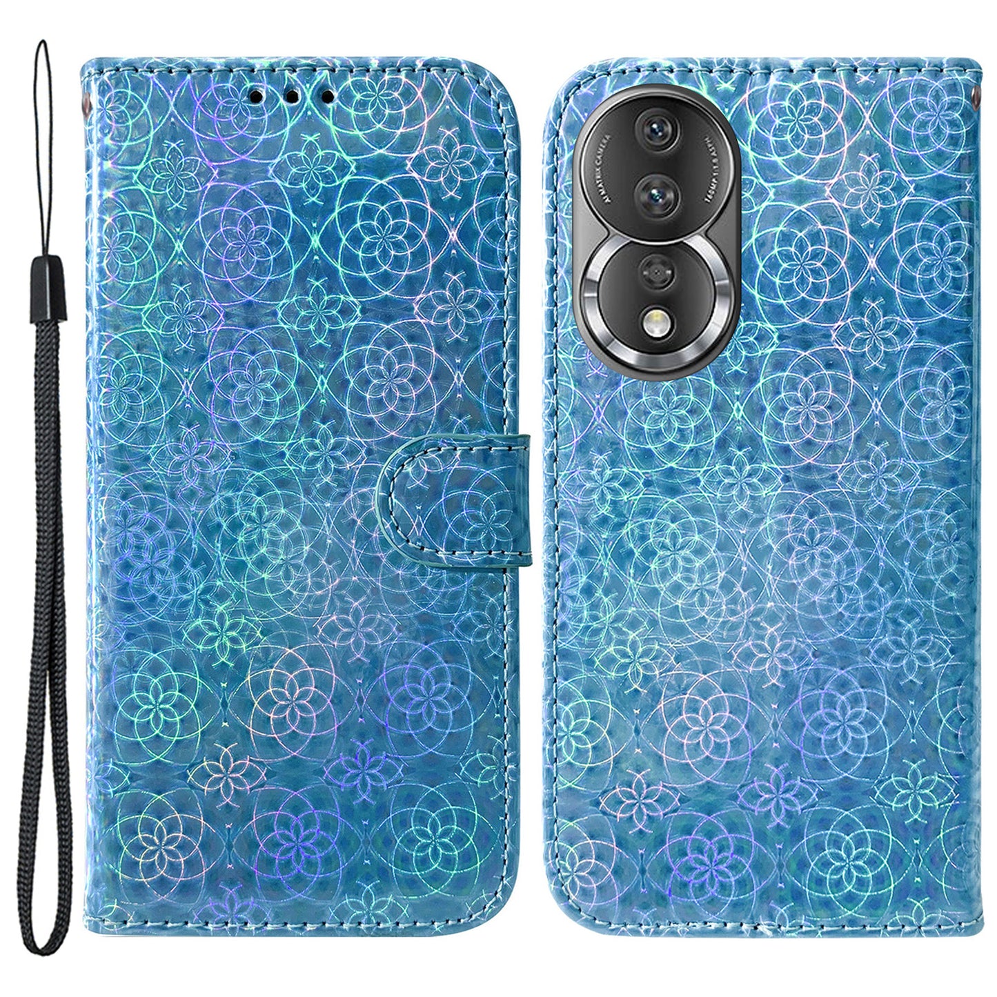 Leather Phone Case For Honor 80 5G , Wallet Stand Dazzling Flower Pattern Anti-scratch Phone Cover with Strap