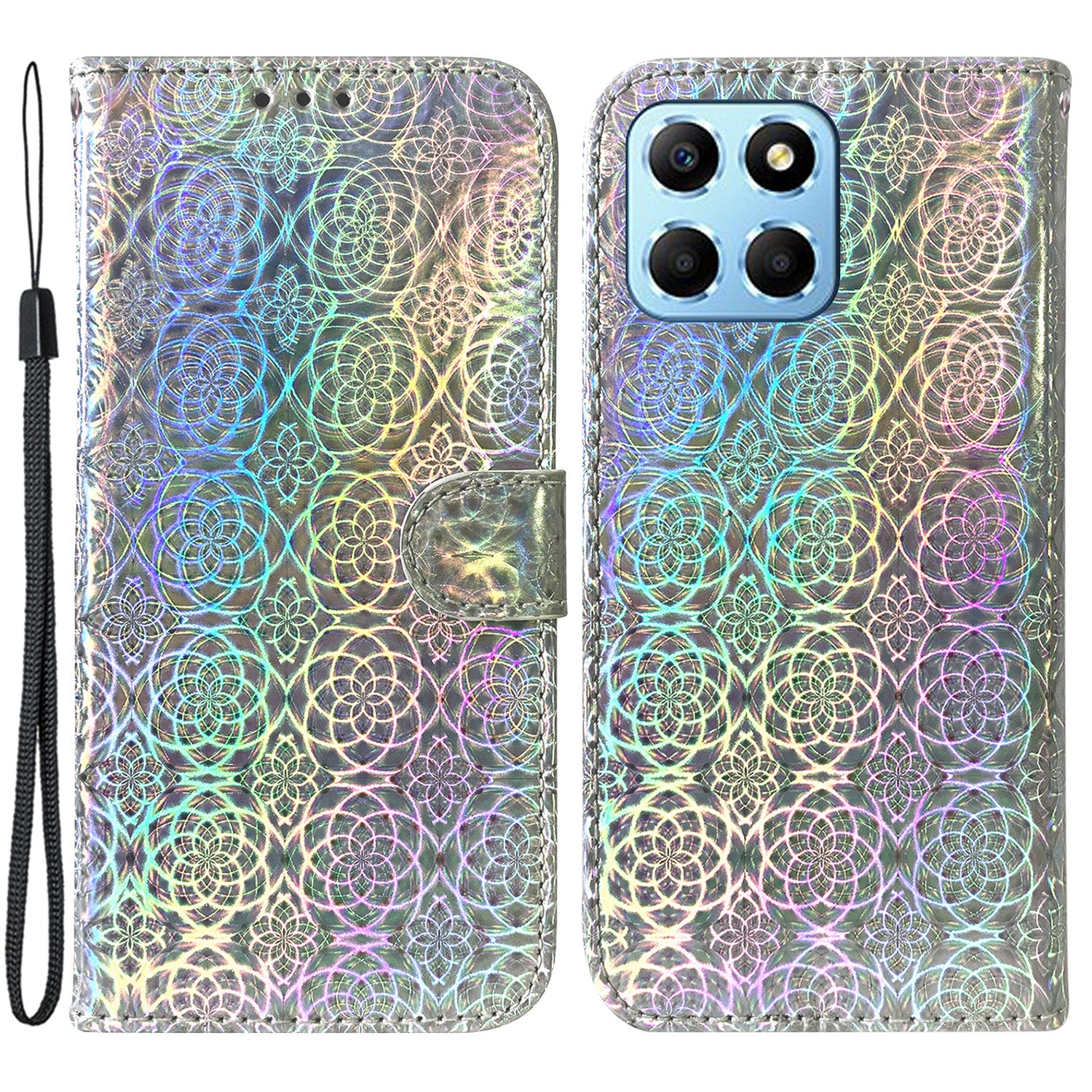 For Honor X8 5G Stand Magnetic Flip Phone Cover Leather Dazzling Flower Pattern Wallet Case with Strap