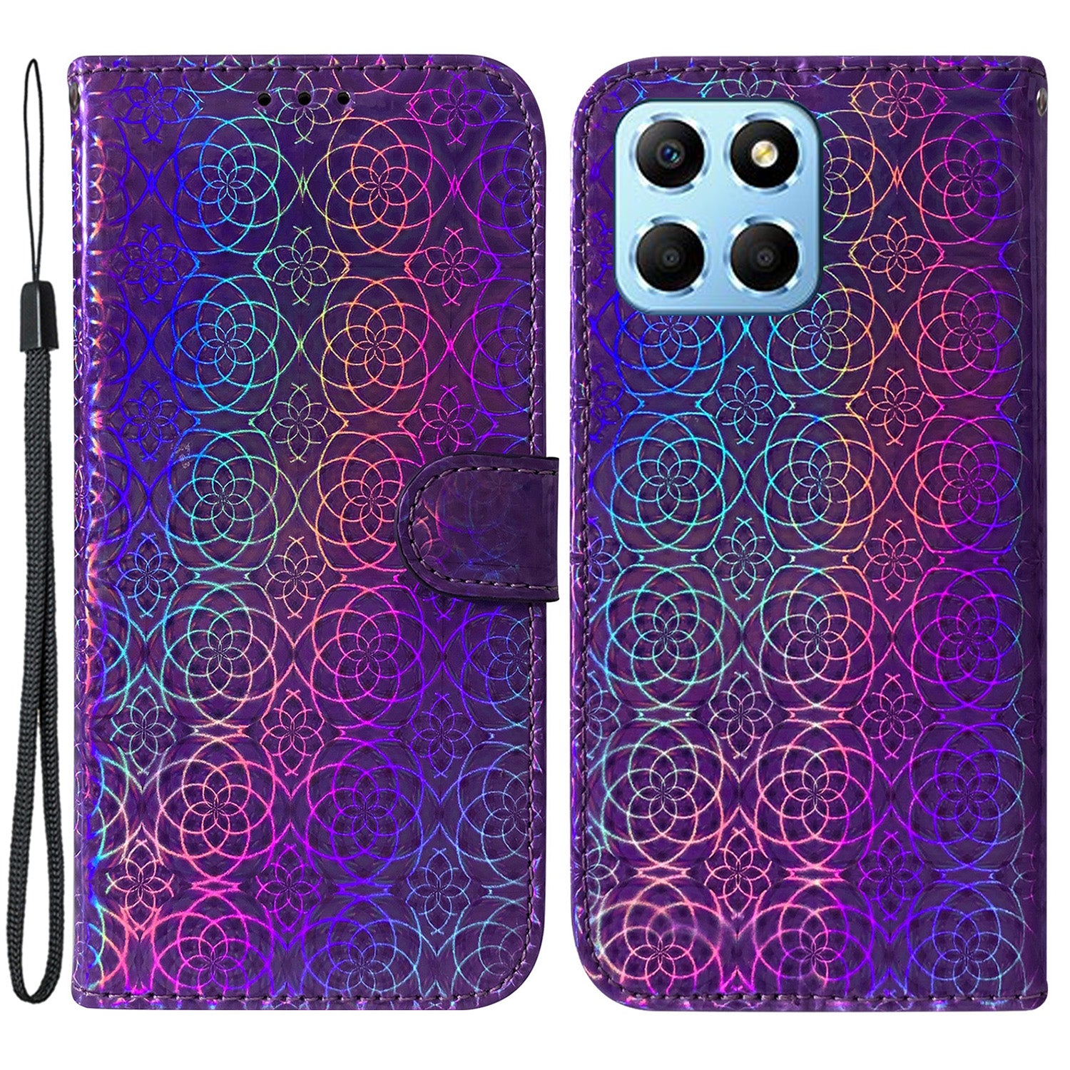 For Honor X8 5G Stand Magnetic Flip Phone Cover Leather Dazzling Flower Pattern Wallet Case with Strap