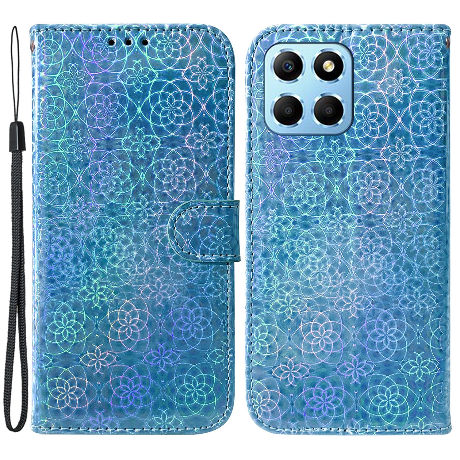 For Honor X8 5G Stand Magnetic Flip Phone Cover Leather Dazzling Flower Pattern Wallet Case with Strap