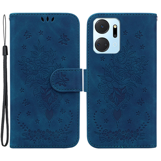 For Honor X7a 5G PU Leather Phone Case Rose Butterfly Imprinted Stand Flip Wallet Cover with Strap