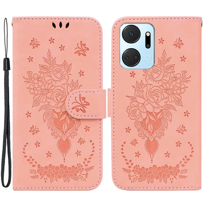 For Honor X7a 5G PU Leather Phone Case Rose Butterfly Imprinted Stand Flip Wallet Cover with Strap