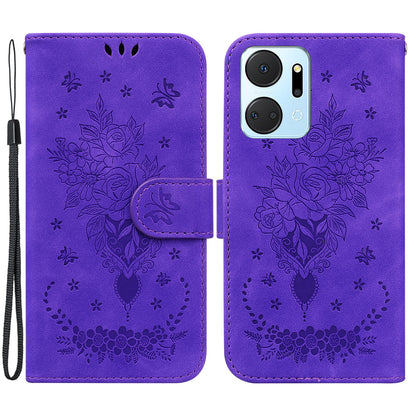 For Honor X7a 5G PU Leather Phone Case Rose Butterfly Imprinted Stand Flip Wallet Cover with Strap