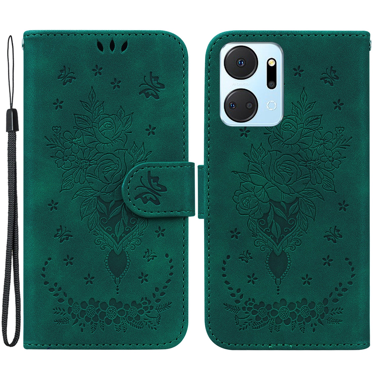 For Honor X7a 5G PU Leather Phone Case Rose Butterfly Imprinted Stand Flip Wallet Cover with Strap