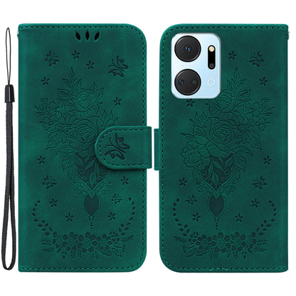 For Honor X7a 5G PU Leather Phone Case Rose Butterfly Imprinted Stand Flip Wallet Cover with Strap