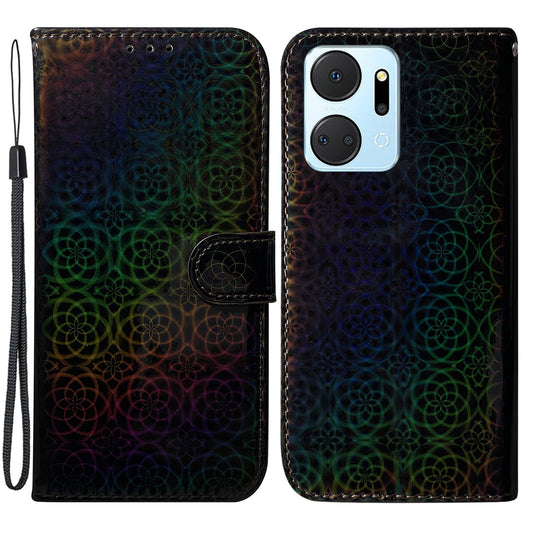 For Honor X7a 5G Leather Dazzling Flower Pattern Wallet Case Stand Magnetic Closure Flip Phone Cover with Strap