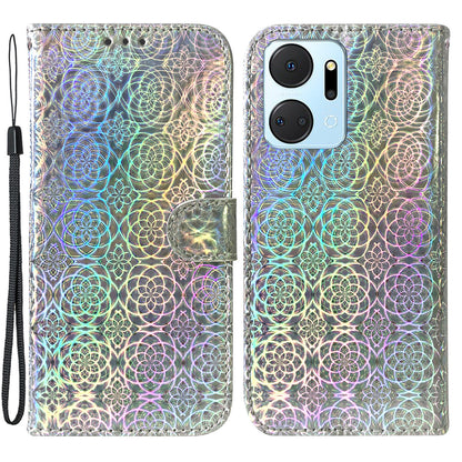 For Honor X7a 5G Leather Dazzling Flower Pattern Wallet Case Stand Magnetic Closure Flip Phone Cover with Strap