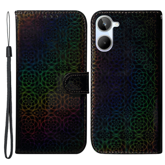 For Realme 10 4G Leather Phone Case Wallet Stand Dazzling Flower Pattern Phone Cover with Strap