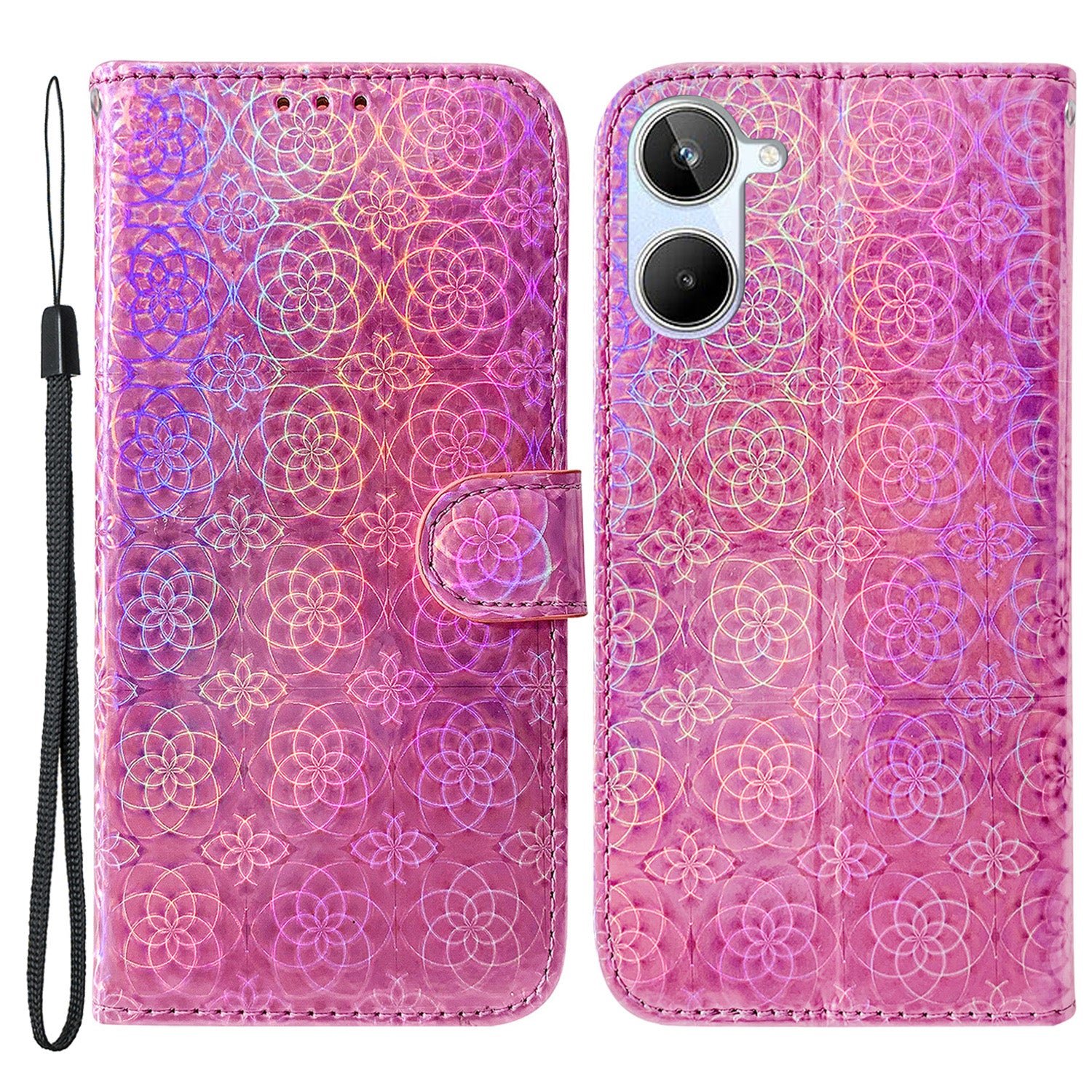 For Realme 10 4G Leather Phone Case Wallet Stand Dazzling Flower Pattern Phone Cover with Strap