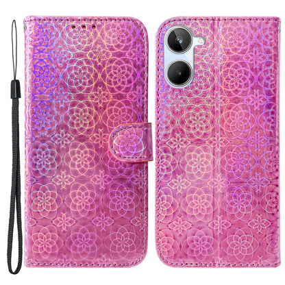 For Realme 10 4G Leather Phone Case Wallet Stand Dazzling Flower Pattern Phone Cover with Strap