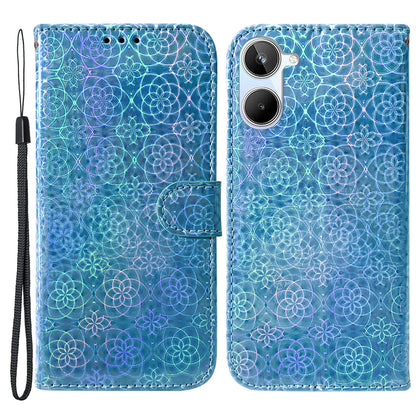 For Realme 10 4G Leather Phone Case Wallet Stand Dazzling Flower Pattern Phone Cover with Strap