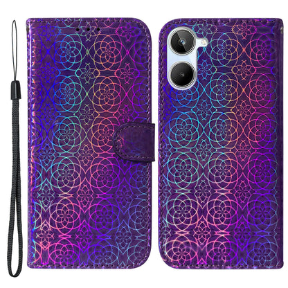 For Realme 10 4G Leather Phone Case Wallet Stand Dazzling Flower Pattern Phone Cover with Strap