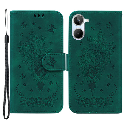 For Realme 10 4G PU Leather Phone Wallet Cover Imprinted Rose Butterfly Stand Phone Case with Strap