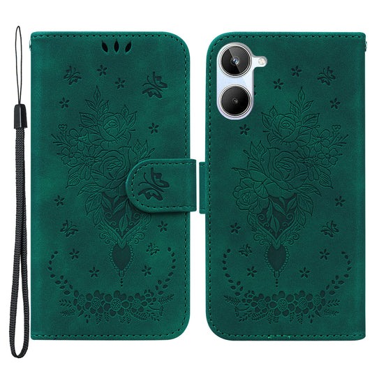 For Realme 10 4G PU Leather Phone Wallet Cover Imprinted Rose Butterfly Stand Phone Case with Strap