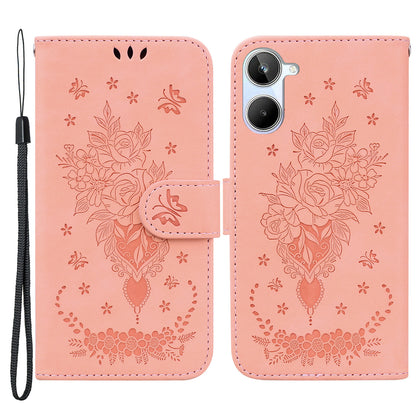 For Realme 10 4G PU Leather Phone Wallet Cover Imprinted Rose Butterfly Stand Phone Case with Strap
