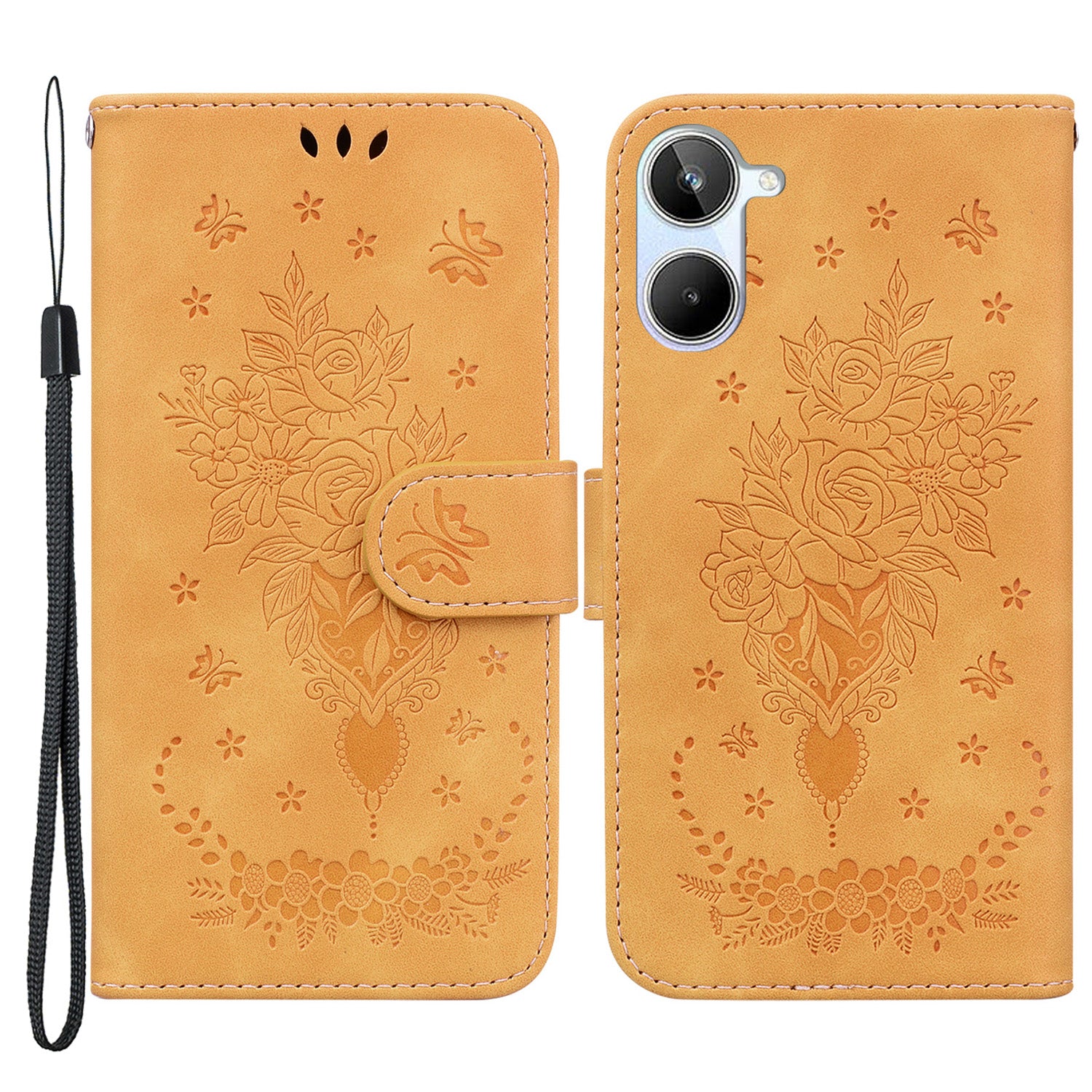 For Realme 10 4G PU Leather Phone Wallet Cover Imprinted Rose Butterfly Stand Phone Case with Strap