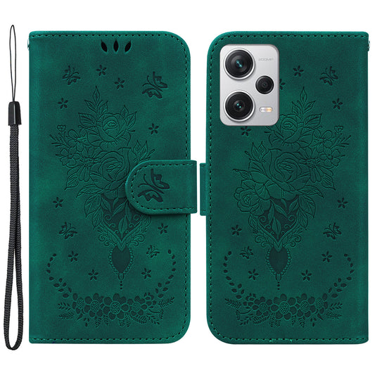 Leather Case for Xiaomi Redmi Note 12 Pro+ 5G Rose Butterfly Imprinted Stand Phone Wallet Cover