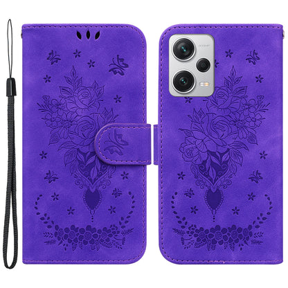 Leather Case for Xiaomi Redmi Note 12 Pro+ 5G Rose Butterfly Imprinted Stand Phone Wallet Cover