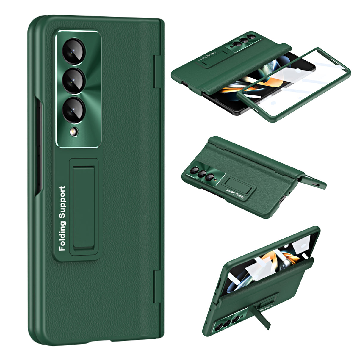For Samsung Galaxy Z Fold4 5G Hinge Protection Phone Case PU Leather Coated PC Kickstand Cover with Tempered Glass Film