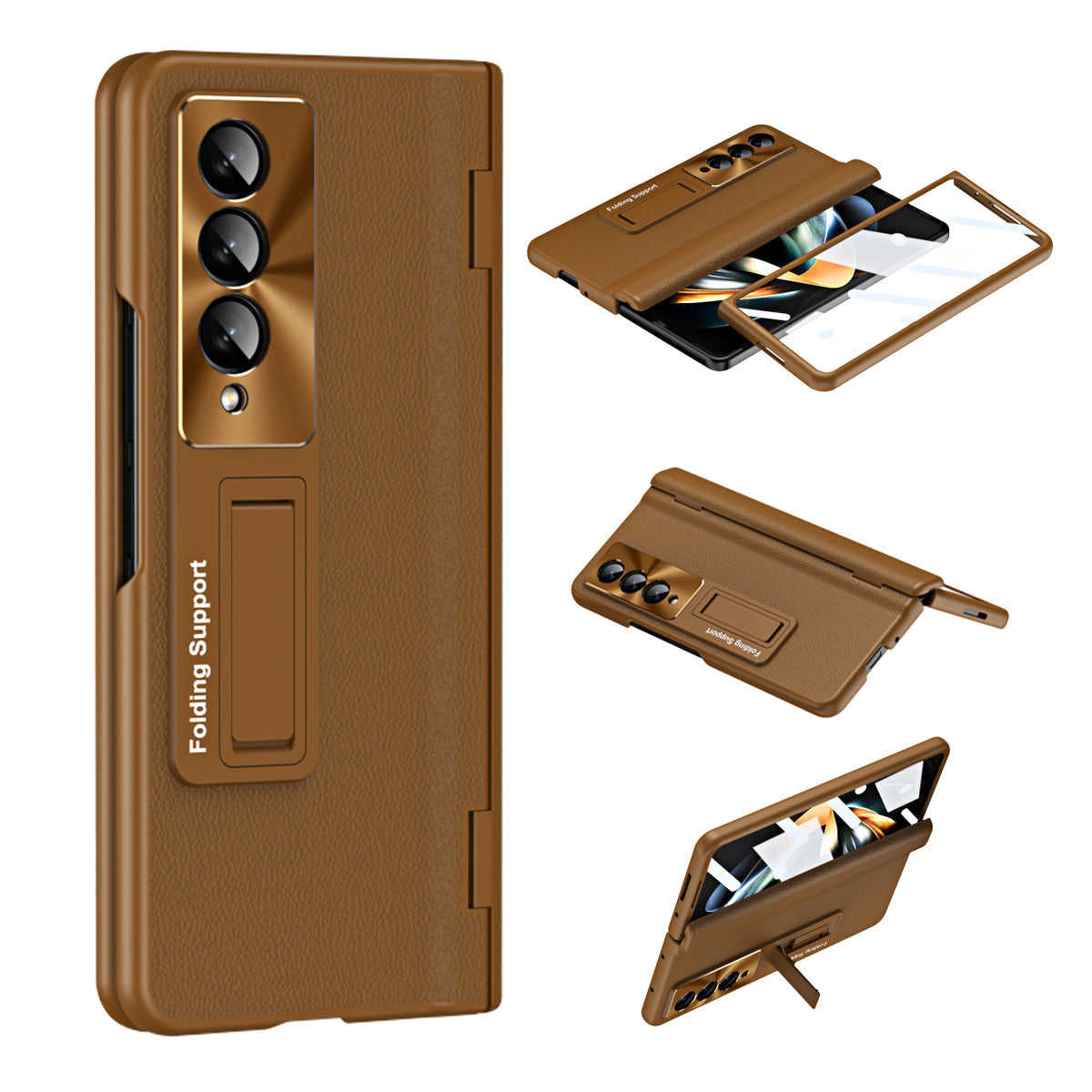 For Samsung Galaxy Z Fold4 5G Hinge Protection Phone Case PU Leather Coated PC Kickstand Cover with Tempered Glass Film