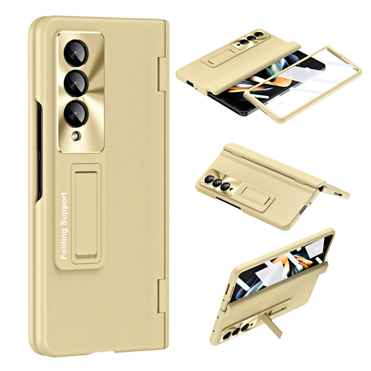 For Samsung Galaxy Z Fold4 5G Hinge Protection Phone Case PU Leather Coated PC Kickstand Cover with Tempered Glass Film