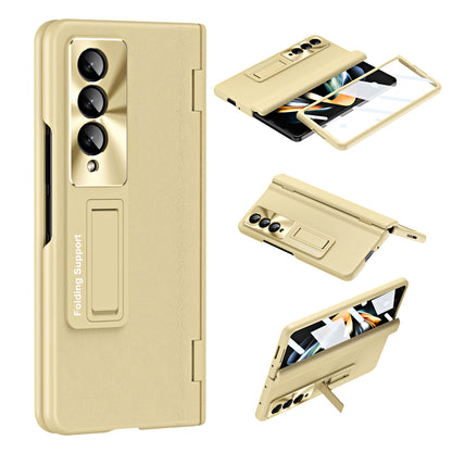 For Samsung Galaxy Z Fold4 5G Hinge Protection Phone Case PU Leather Coated PC Kickstand Cover with Tempered Glass Film