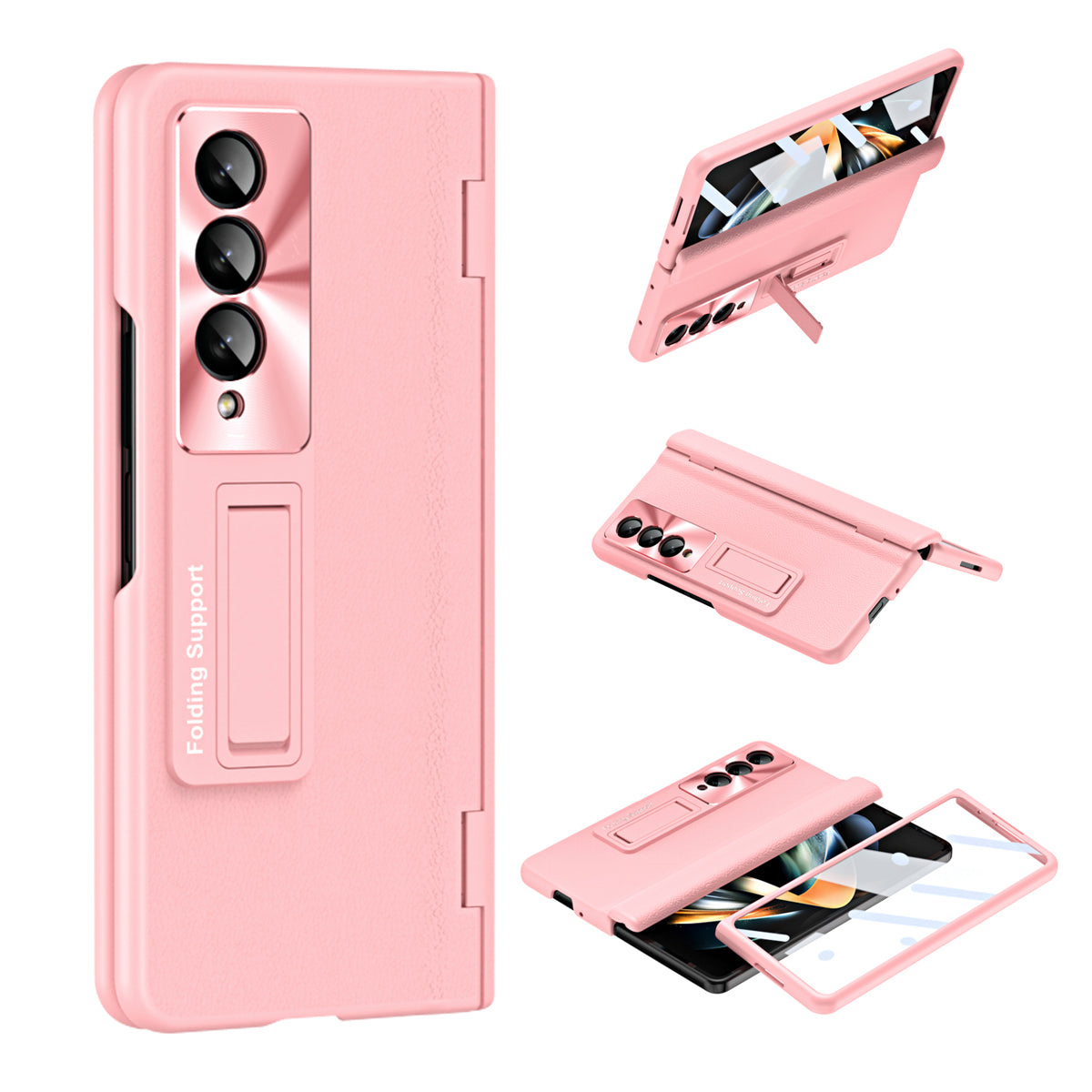 For Samsung Galaxy Z Fold4 5G Hinge Protection Phone Case PU Leather Coated PC Kickstand Cover with Tempered Glass Film