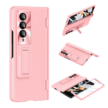 For Samsung Galaxy Z Fold4 5G Hinge Protection Phone Case PU Leather Coated PC Kickstand Cover with Tempered Glass Film