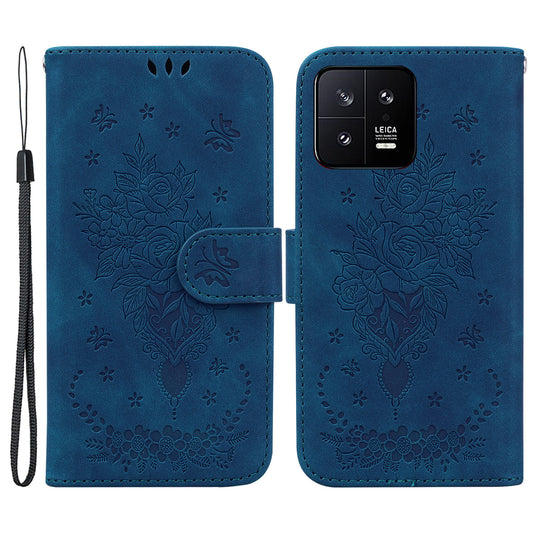 Rose Butterfly Imprinted Phone Case for Xiaomi 13 5G , Flip Stand Leather Wallet Anti-scratch Phone Cover