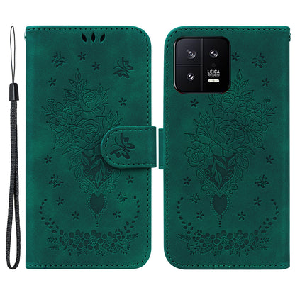 Rose Butterfly Imprinted Phone Case for Xiaomi 13 5G , Flip Stand Leather Wallet Anti-scratch Phone Cover