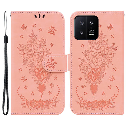 Rose Butterfly Imprinted Phone Case for Xiaomi 13 5G , Flip Stand Leather Wallet Anti-scratch Phone Cover