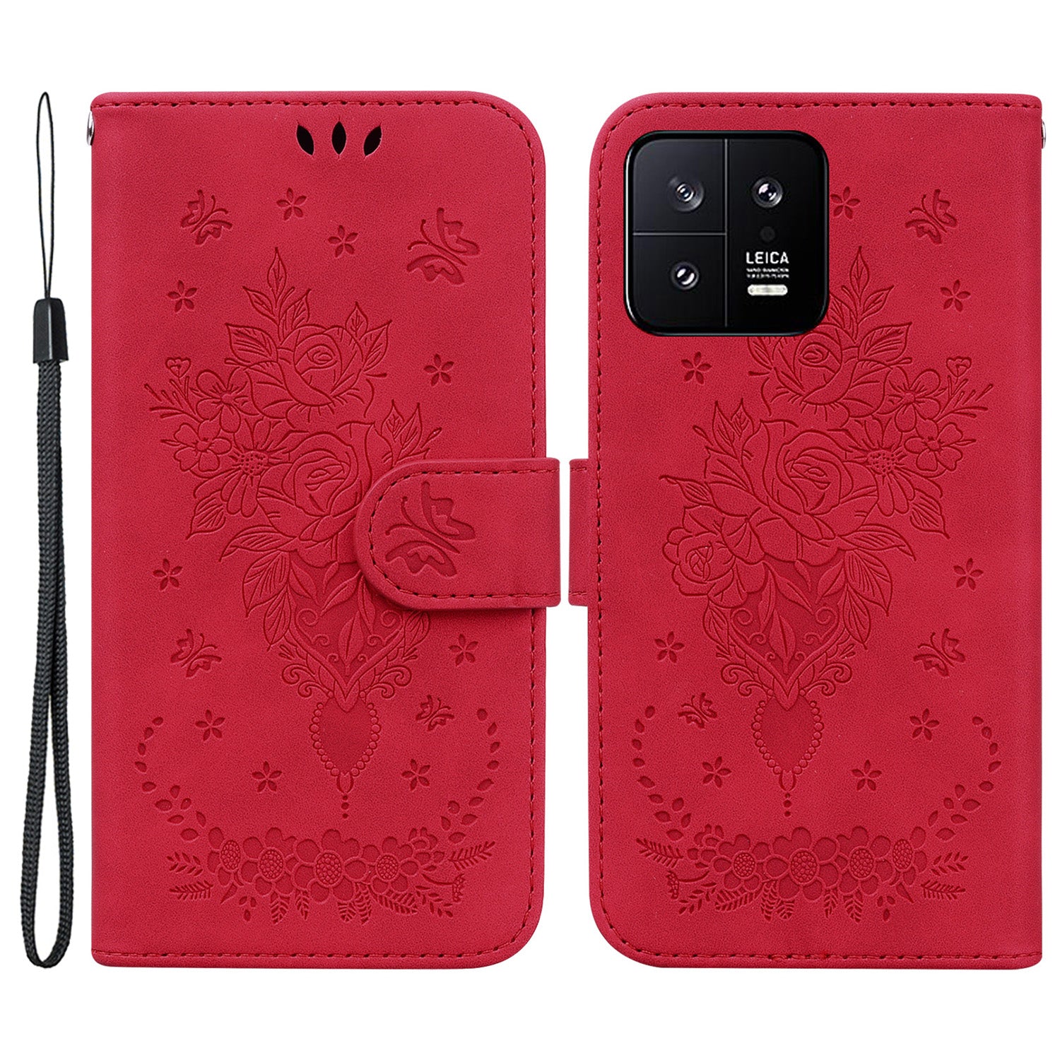 Rose Butterfly Imprinted Phone Case for Xiaomi 13 5G , Flip Stand Leather Wallet Anti-scratch Phone Cover