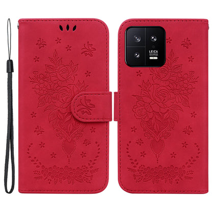 Rose Butterfly Imprinted Phone Case for Xiaomi 13 5G , Flip Stand Leather Wallet Anti-scratch Phone Cover