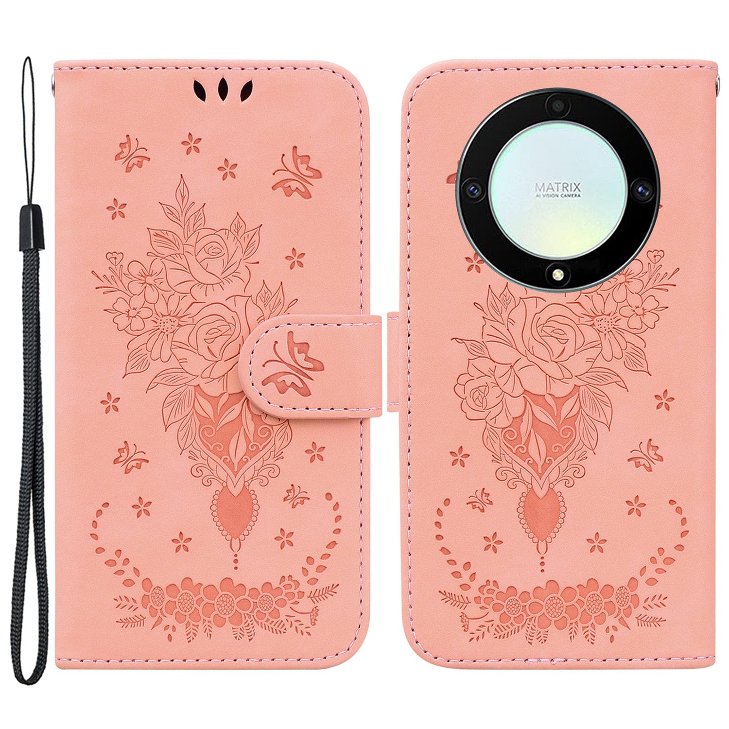 For Honor X40 5G / X9a 5G / Magic5 Lite 5G Leather Wallet Case Rose Butterfly Imprinted Foldable Stand Phone Cover
