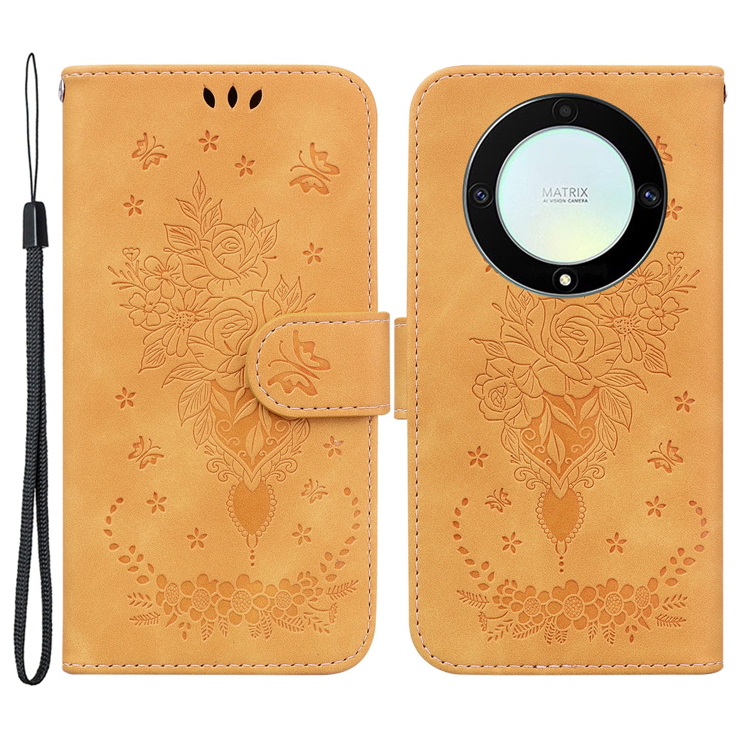 For Honor X40 5G / X9a 5G / Magic5 Lite 5G Leather Wallet Case Rose Butterfly Imprinted Foldable Stand Phone Cover