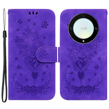 For Honor X40 5G / X9a 5G / Magic5 Lite 5G Leather Wallet Case Rose Butterfly Imprinted Foldable Stand Phone Cover