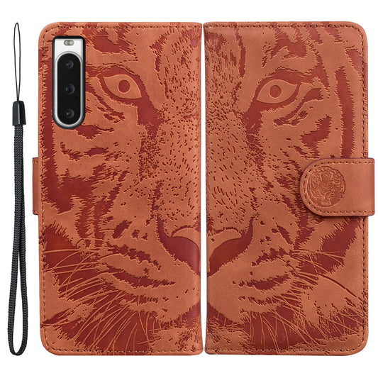 Wallet Phone Case for Sony Xperia 10 V Tiger Pattern Imprinted Stand PU Leather Folio Flip Cover